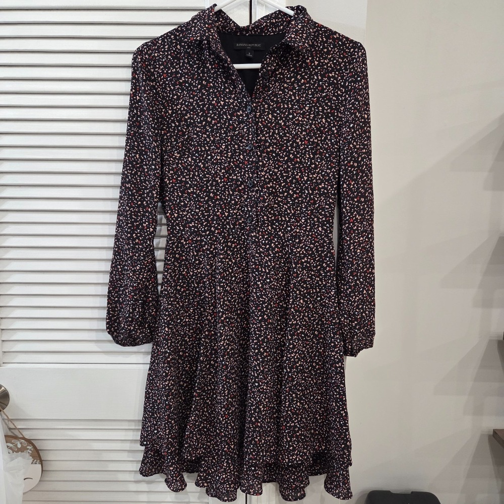 Womens Banana Republic Confetti-Print Button Front Long Sleeve Ruffle Dress 2